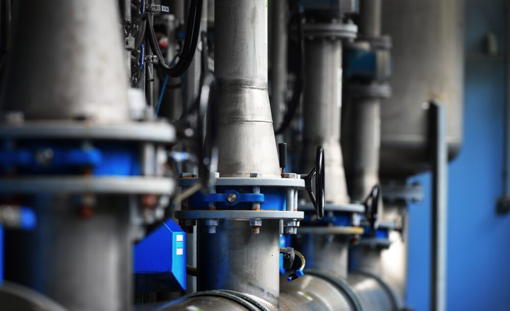 Large industrial water treatment and boiler room. Piping, flange - IWAG